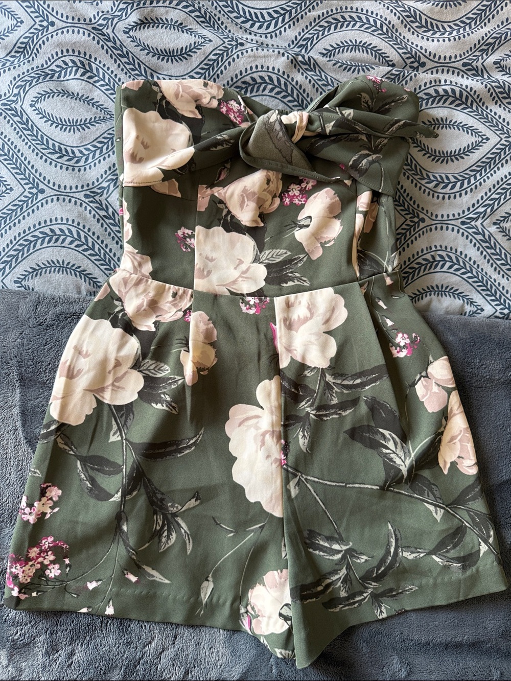 Dynamite Olive Green Floral Mini romper with Cream Blooms